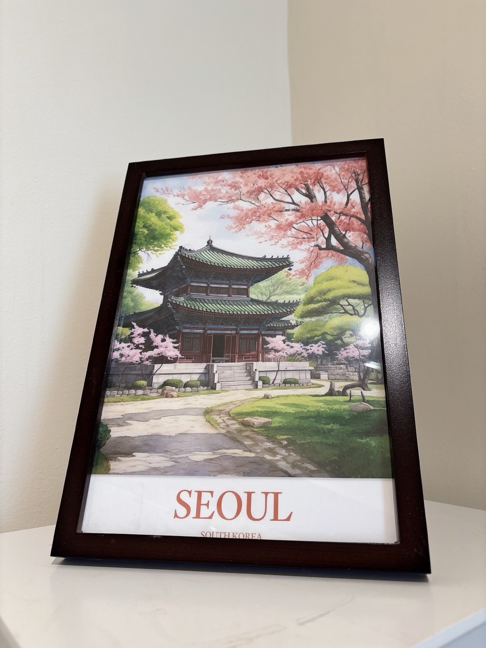 Seoul Art Print in Dark Wood Frame - Green & Pink
